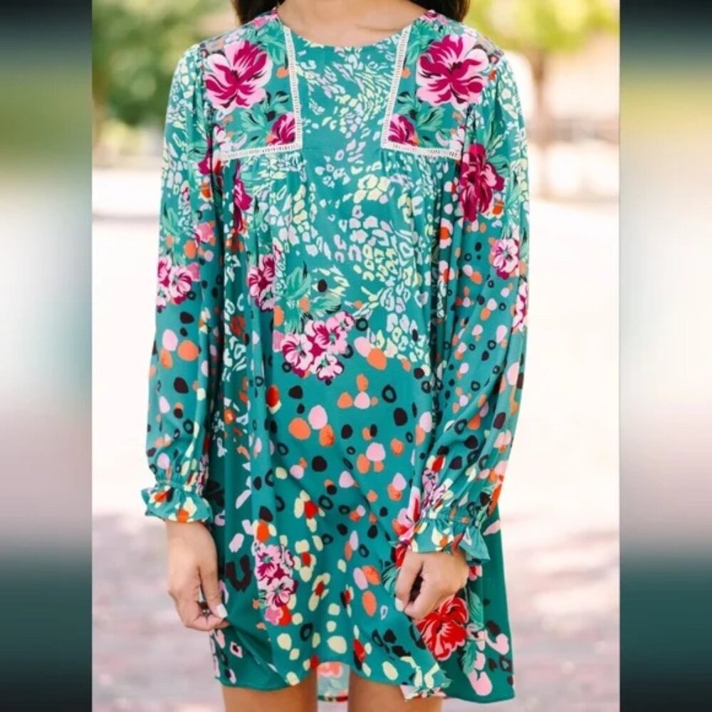 (Never Worn) UMGEE Forest Green Mixed Print Crochet Inset Boho Dress - MEDIUM